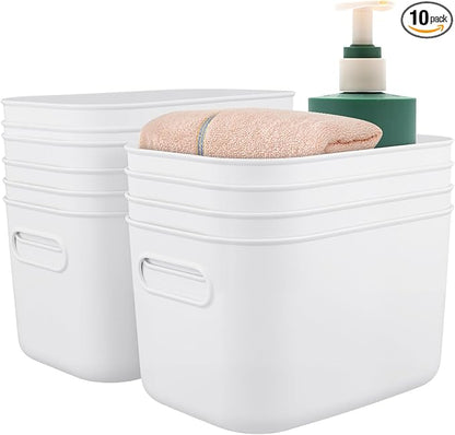 HOZEON 10 Pack White Plastic Storage Bins with Handle, Stackable Cupboard Organiser Pantry Storage Boxes for Shelves, Drawers, Bathroom, 10 x 7 x 6 Inch