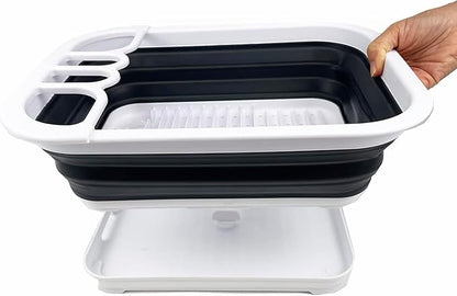 SAMMART 7.3L (1.9 Gallon) Collapsible Plastic Dish Drainer with Drainer Board-Foldable Drying Rack Set - Portable Dinnerware Organizer-Space Saving (White/Charcoal Black)