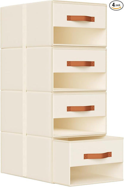 DIMJ Closet Organizers and Storage - Pull-out Fabric Bins with Drawers for Closet Foldable Clothes Organizers with Clear Window, Stackable Storage Drawers for Bedroom,Living Room,Shelf,4-Pack, Beige