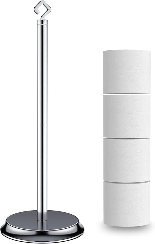 Toilet Paper Holder for Bathroom, Metal Free Standing Toilet Paper Storage with Rustproof, Tissue Paper Roll Stand for Bathroom Accessories (Poilshed Chrome)