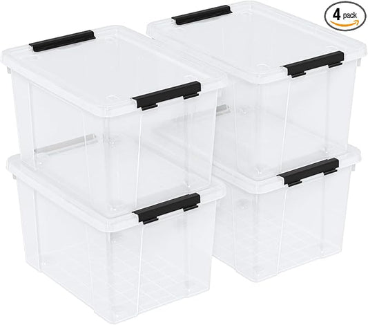 Neadas 22 Quart Plastic Clear Storage Box with Wheels, Plastic Storage Bins with Lids, Latching Bins, 4 Packs