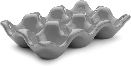 Flexzion Ceramic Egg Holder for Fridge - 6 Cups Egg Tray Half Dozen Porcelain Container Keeper Storage Organizer Decorative Serving Dish Serveware for Refrigerator Countertop Display Kitchen (Gray)
