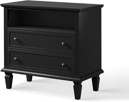HULALA HOME Farmhouse End Table with Charging Station, End Table with USB Ports & Outlets, Fluted Pilasters Design Side Table with Open Space and 2 Drawers Dresser for Living Room, Black