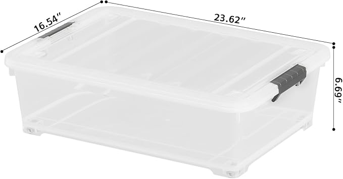 Buyitt 25 Quart Clear Plastic Latch Storage Box with Wheels, Under Bed Storage Box, 3 Pack