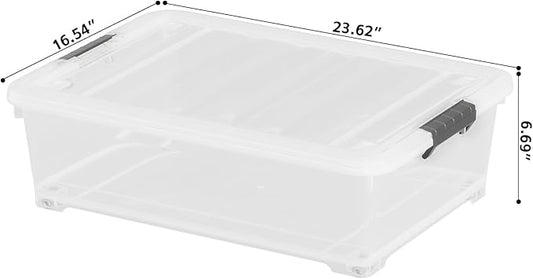 Buyitt 25 Quart Clear Plastic Latch Storage Box with Wheels, Under Bed Storage Box, 3 Pack