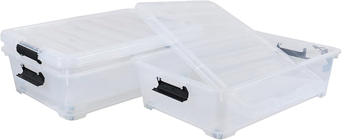 Yesdate 3-Pack 20 Quart Plastic Wheeled Latching Storage Boxes, Stackable Underbed Organizer Bins with Lid, Clear
