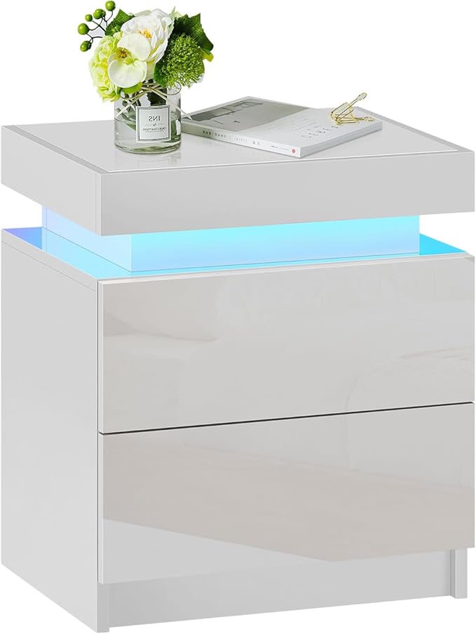 OFCASA Nightstand with LED Lights, Smart Night Stand with Flip Top Storage, Bedside Table with 2 High Gloss Drawers, Modern End Side Table for Bedroom (White)
