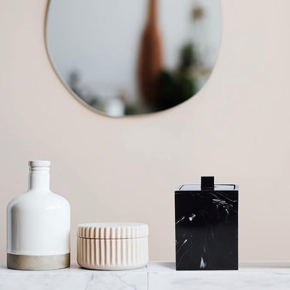 Jung Ford Qtip Holder for Bathroom with Lid – Square Cotton Swab Organizer, Cotton Ball Dispenser, Makeup Pad Container – Marble Look Resin Vanity Storage (Black)