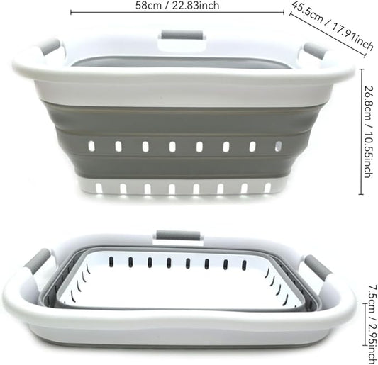 SAMMART 41L (10.8 gallon) Set of 2 Collapsible 3 Handled Plastic Laundry Basket-Foldable Pop Up Storage Container/Organizer-Space Saving Hamper/Basket (2, White/Grey)