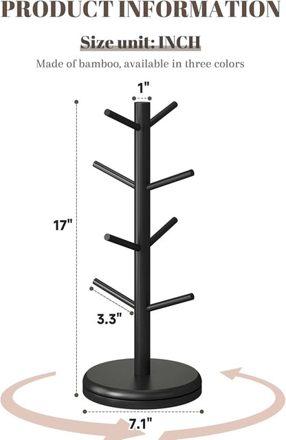 Mug Holder Tree 360° Rotated Mug Tree Coffee Cup Holder Bamboo Rack Stand 8 Hooks for Countertop Cup Rack Kitchen Coffee Bar Organizer Decorative Mug Racks (Black)