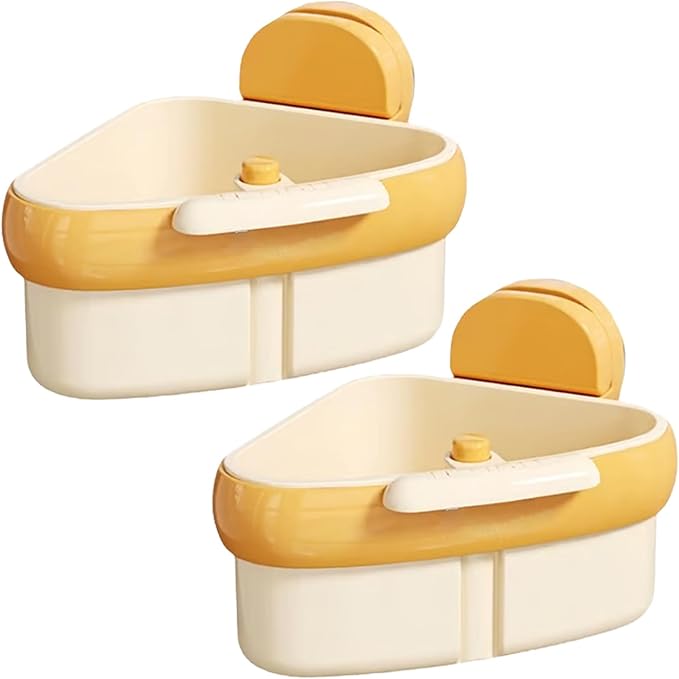 Suction Cup Sink Corner Rack – Triangular Basket with Drain, Self-Cleaning Strainer & Sponge Holder, No-Drill Wall Storage (Yellow+Yellow)
