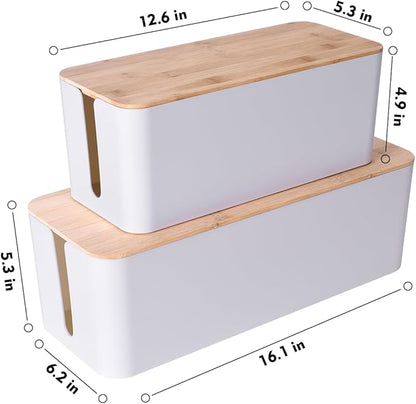 2 Pack Large Cable Management Box – Wooden Style Cord Organizer and Cover for TV Wires, Computer, Router, USB Hub and Under Desk Power Strip – Safe ABS Material and Baby-Pets Proof Lock (White)