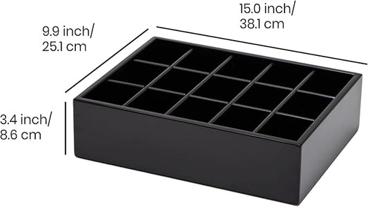 GOBAM Bamboo Closet Drawer Organizer, 15 Compartments - Drawer Divider & Storage Box for Ties, Bras, Briefs, Socks & Jewelry - Storage Organizer for Dressing Room & Bedroom - Black