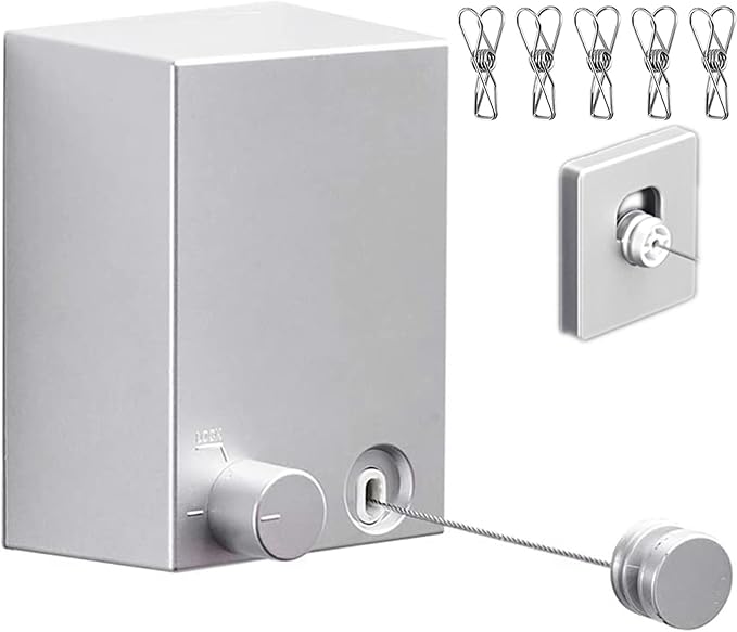 Retractable Clothesline Clothes Line Retracting Outdoor/Indoor, Heavy Duty Stainless Steel Adjustable Drying Rope Wire Dryer with ABS case+Aluminum, Self Adhesive Wall Mount 13.8 Feets Silver