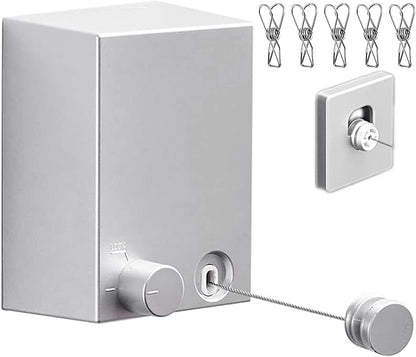 Retractable Clothesline Clothes Line Retracting Outdoor/Indoor, Heavy Duty Stainless Steel Adjustable Drying Rope Wire Dryer with ABS case+Aluminum, Self Adhesive Wall Mount 13.8 Feets Silver
