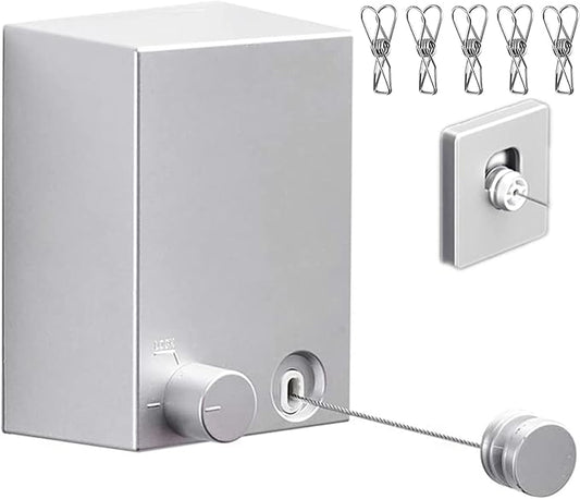 Retractable Clothesline Clothes Line Retracting Outdoor/Indoor, Heavy Duty Stainless Steel Adjustable Drying Rope Wire Dryer with ABS case+Aluminum, Self Adhesive Wall Mount 13.8 Feets Silver