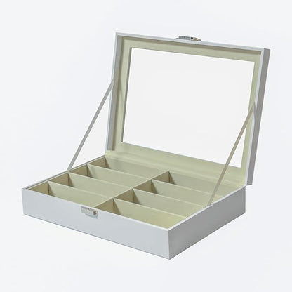 UnionPlus 8-Slots Eyeglass Sunglass Glasses Organizer Collector - Faux Leather Storage Case Box for Men Women's Glasses, White