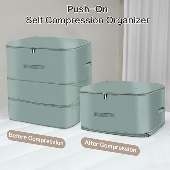 Space Saving Self Compression Organizer,Compression Storage Bags for Bedding and travel,Storage bags for Blankets Duvet Quilts Pillows, Comforter Storage with zippered ventilation holes（Green XL）