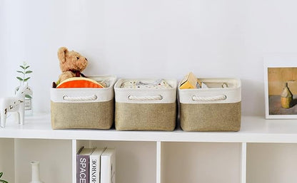 TheWarmHome Storage Basket for Organizing - 14x10x7 inch Medium 3 Pack Collapsible Storage Bin for Shelves with Handles, Canves Storage Box for Organizer Cubes Cloth Gift Toy Closet (White & Khaki)