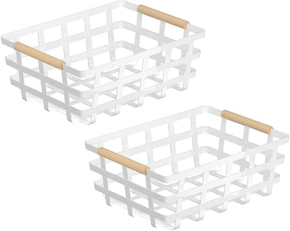 Farmhouse Baskets Wire Storage Baskets, Pantry Organizer Baskets with Wood Handle, Metal Baskets Bins for Kitchen Pantry Shelf Cabinets, White,2 pack