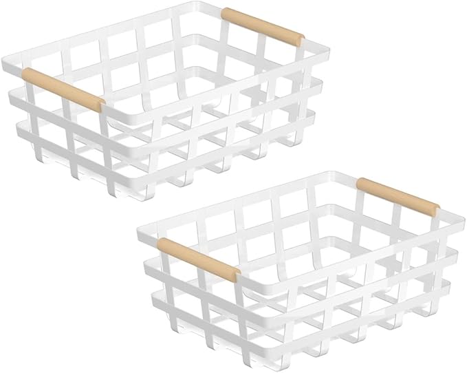 Large Farmhouse Baskets Pantry Basket Storage Organizer Fruit Bin with Wood Handles for Pantry Cabinets Rustic Kitchen Counter Closet- White Upgraded