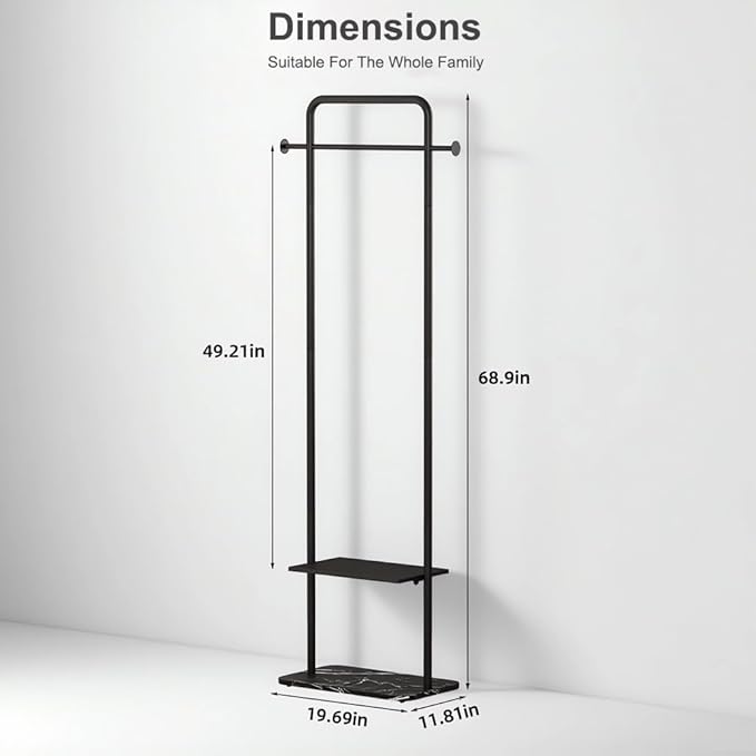 Black Clothing Rack, Free Standing Coat Hanger Stand with Stable Marble Base, Metal Coat Rack for Outerwear, Handbags, Entryways and Halls (Black, 19.7")