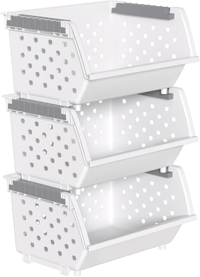 Plastic Stacking Bins, Stackable Storage Basket, White, Set of 3