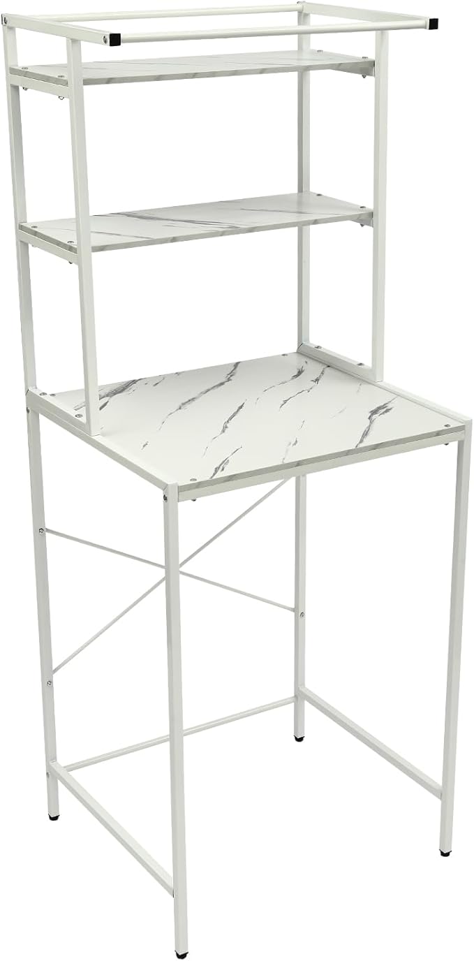 Over The Washer and Dryer Storage Shelf, 3-Tier Bathroom Room Shelf Storage Utility Rack Over The Toilet Washer Dryer Heavy Duty Laundry Room Organizer Bathroom Space Saving Organizer (White+Marble)