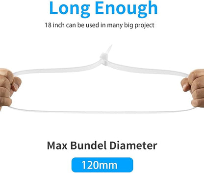 18 inch White Zip Ties Heavy Duty 500 PACK, 200 LBS Ultra Exclusive Strong Plastic Wire Ties, Large Cable Ties Extra Long Tie Wraps, Indoor and Outdoor UV Resistant
