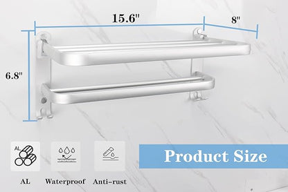 Towel Rack for Bathroom, Bath Towel Holder with Double Towel Bar and Fold-able Towel Shelf, Rustproof Towel Organizer Wall Mounted Towel Storage Hanger for Bath/Balcony/Lavatory(16In Sliver)
