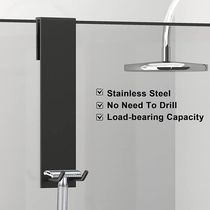 KITHOLD Shower Door Hook, Extended Length Frameless Shower Door Hook (7 Inches), Heavy-Duty Bathrobe Towel Stainless Steel Hook, No Drilling or Adhesive Required, 2-Pack, Black