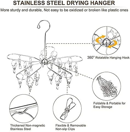 2 Pack Foldable Clip and Drip Hangers, Stainless Steel Clothes Drying Hanger with 20 Clips, Laundry Hanging Drying Rack for Socks, Underwear, Lingerie, Bras, Scarf, Towels, Diapers