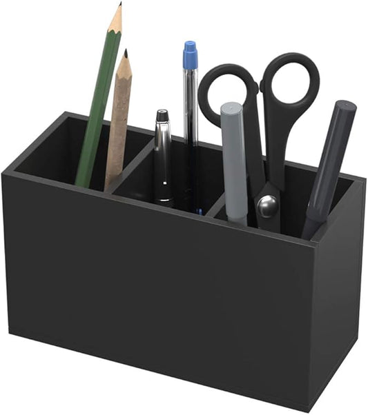 NIUBEE Acrylic Pen Holder 3 Compartments, Black Pencil Organizer Cup for Countertop Desk Accessory Storage