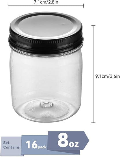 novelinks Plastic Jars With Lids 16Pcs 8 oz Plastic Mason Jars Food Storage for Milkshakes Juice Nuts Cupcakes (Black, 16 Pack 8 Ounce)