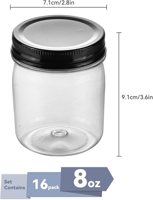 novelinks Plastic Jars With Lids 16Pcs 8 oz Plastic Mason Jars Food Storage for Milkshakes Juice Nuts Cupcakes (Black, 16 Pack 8 Ounce)