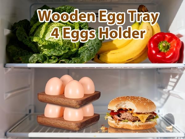Homoyoyo 4 Egg Holder Countertop, Acacia Wood Egg Holder 4 Slot, Compact Natural Organizer for Kitchen Display Fridge for Chocolates, Sushi, Kitchen Organization for Busy Parents Home Hearth