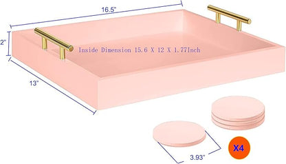 Serving Tray 16.5“X 13“Deluxe Wooden Ottoman Tray for Coffee Table with Polished Gold Metal Handles and 4 Coasters, Living Room Bathroom Coffee Bar Organizer Modern Decorative Pink Tray