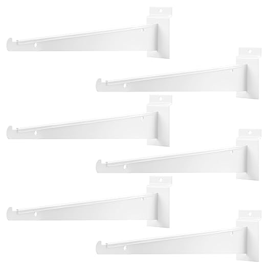 MUZIK 6PCS Slatwall Shelf Brackets, 12" White Metal, Heavy Duty, Wall Mount, Set of 6