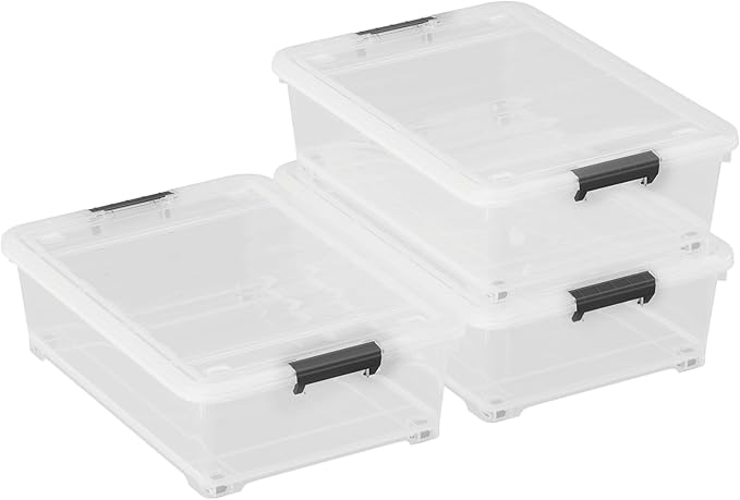 Buyitt 25 Quart Clear Plastic Latch Storage Box with Wheels, Under Bed Storage Box, 3 Pack