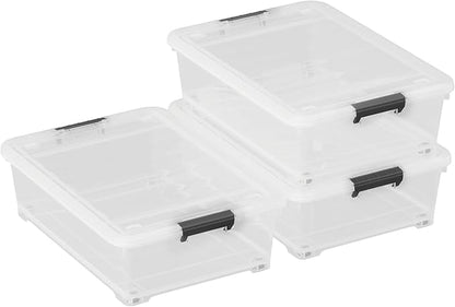 Buyitt 25 Quart Clear Plastic Latch Storage Box with Wheels, Under Bed Storage Box, 3 Pack