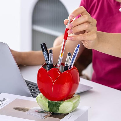Pencil Holder for Desk Tulips Vase Decor Aesthetic Cute Toothbrush Holder Pen Holder for Office Makeup Brush Holder Red Kawaii Desk Accessories Home Decor Birthday Gifts for Women