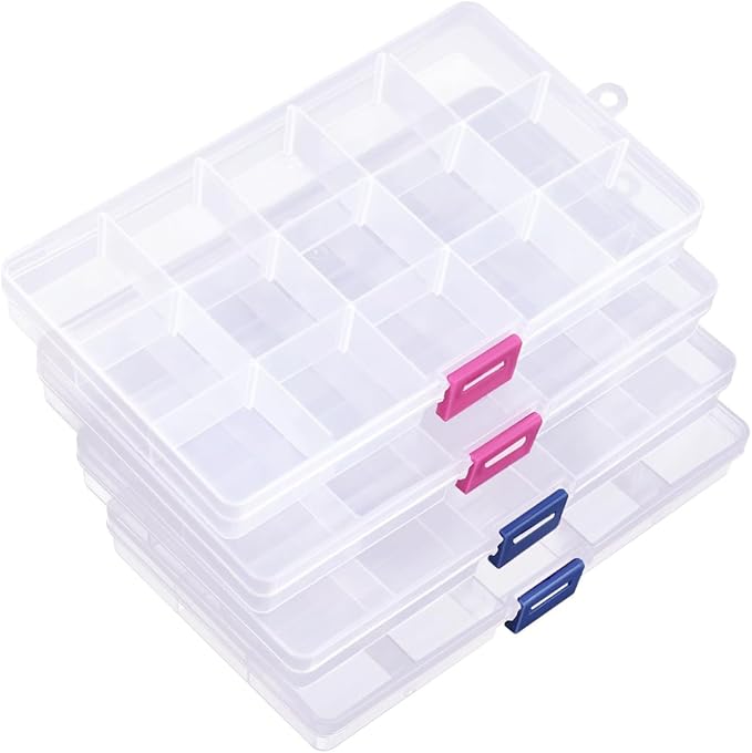 IOOLEEM 15 Grids Plastic Bead Organizer Box, Clear Organizer Container Storage Box, Adjustable Dividers for bead arts and crafts.(4 Pack)