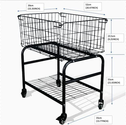31" height Rolling Laundry Basket with Wheels, Heavy Duty 2-Tier Metal Wire Laundry Cart, Foldable Hamper with Industrial Wheels & Brakes for Clothes, Bedroom, Dorm, Apartment (Black)