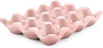 Flexzion Ceramic 12 Cups Egg Tray - Whole Dozen Porcelain Egg Holder Container Keeper Storage Organizer Decorative Serving Stand Serveware for Refrigerator Fridge Countertop Display Kitchen (Pink)