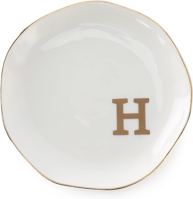 VINCOMIC Initials Ring Dish Jewery Tray with Personalized H-Monogrammed Gifts Wedding Engagement for Women Friends sister,Ceramic White