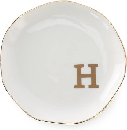 VINCOMIC Initials Ring Dish Jewery Tray with Personalized H-Monogrammed Gifts Wedding Engagement for Women Friends sister,Ceramic White