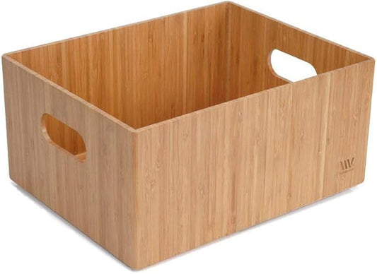 MobileVision Bamboo Storage Box, 12”x 9”x 6”, Durable Bin w/ Handles, Stackable - For Toys Bedding Clothes Baby Essentials Arts & Crafts Closet & Office Shelf With (White Clip Included)