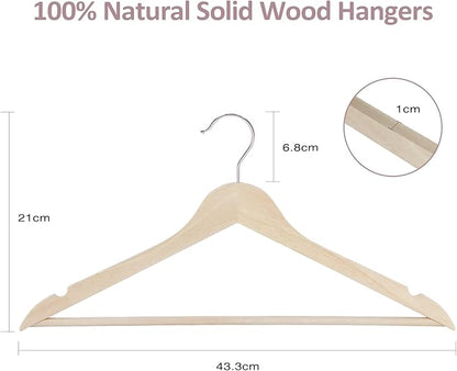 ROSOS Wooden Hangers 20 Pack, Solid Wood Hanger with 360 Swivel Chrome Hook, Smooth Finish & Precisely Cut Notches, Slim Wooden Coat Hangers for Closet, Natural