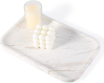Karibiber Marble Vanity Tray, Marble Bathroom Tray Countertop, Decorative Trays for Dresser Organizer, White Stone Storage Serving Trays for Kitchen, Perfume, Jewelry Cathall Holder
