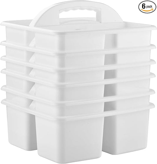 ALINK Plastic Classroom Caddy Organizer with Handle, 6-Pack 3 Compartments, Teacher Supply Storage Caddy for Classroom Organization, Table, Desk, Office, Craft Art for Kids - White